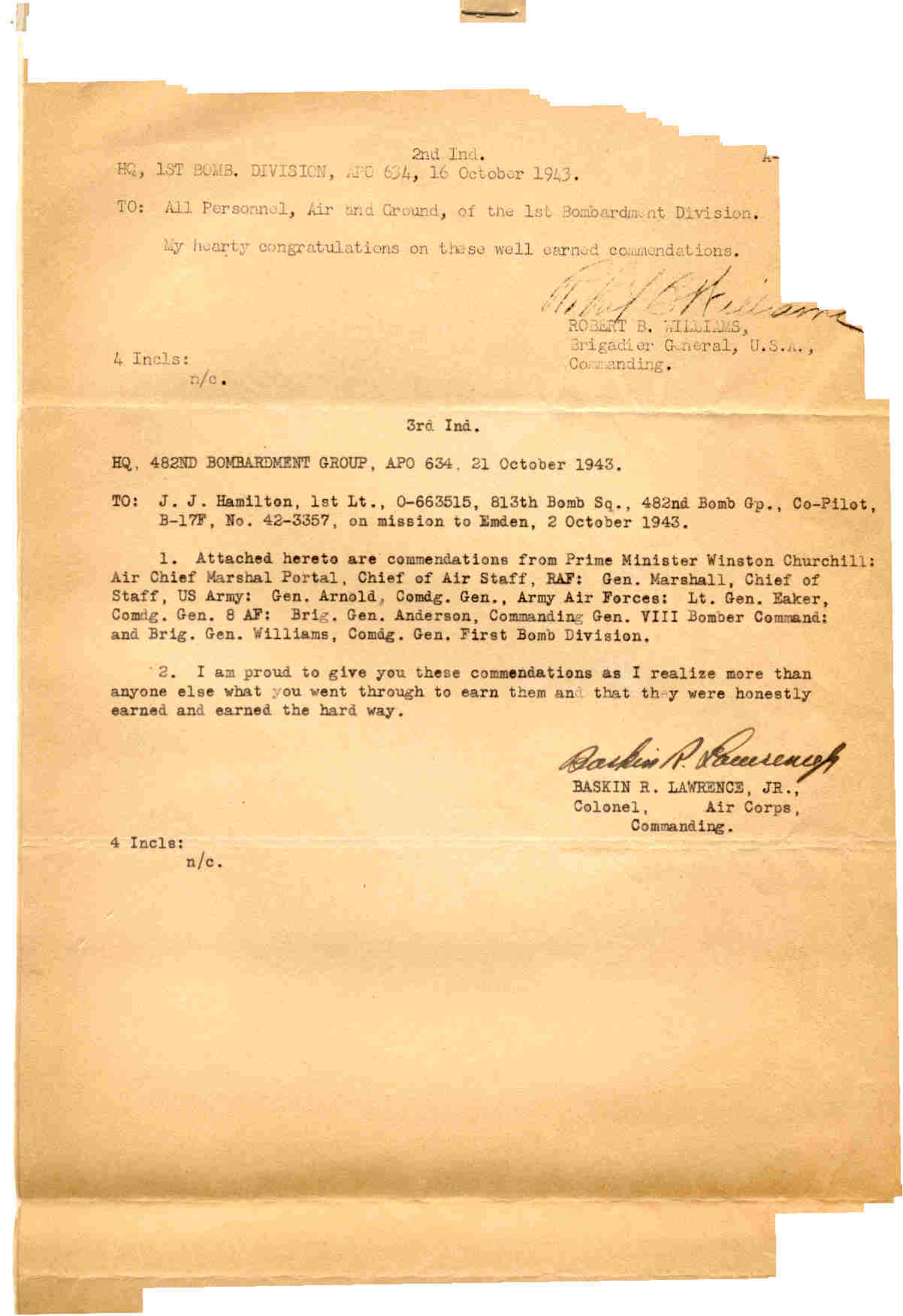 Winston Churchill commendation for 1st Lt. John J. Hamilton