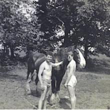 young men in underwear with horse